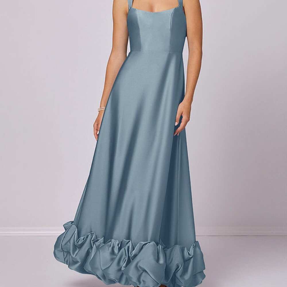 Azazie Dusty Blue Satin Ruffle-Hem Wedding Dress